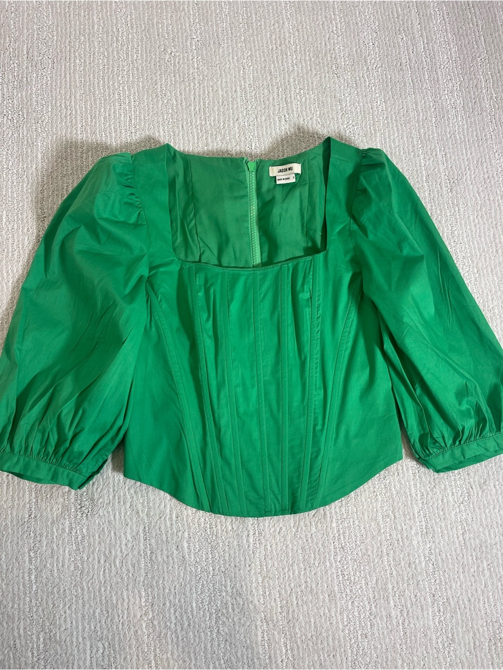 Jason Wu Green Square-Neck Puff-Sleeve Blouse